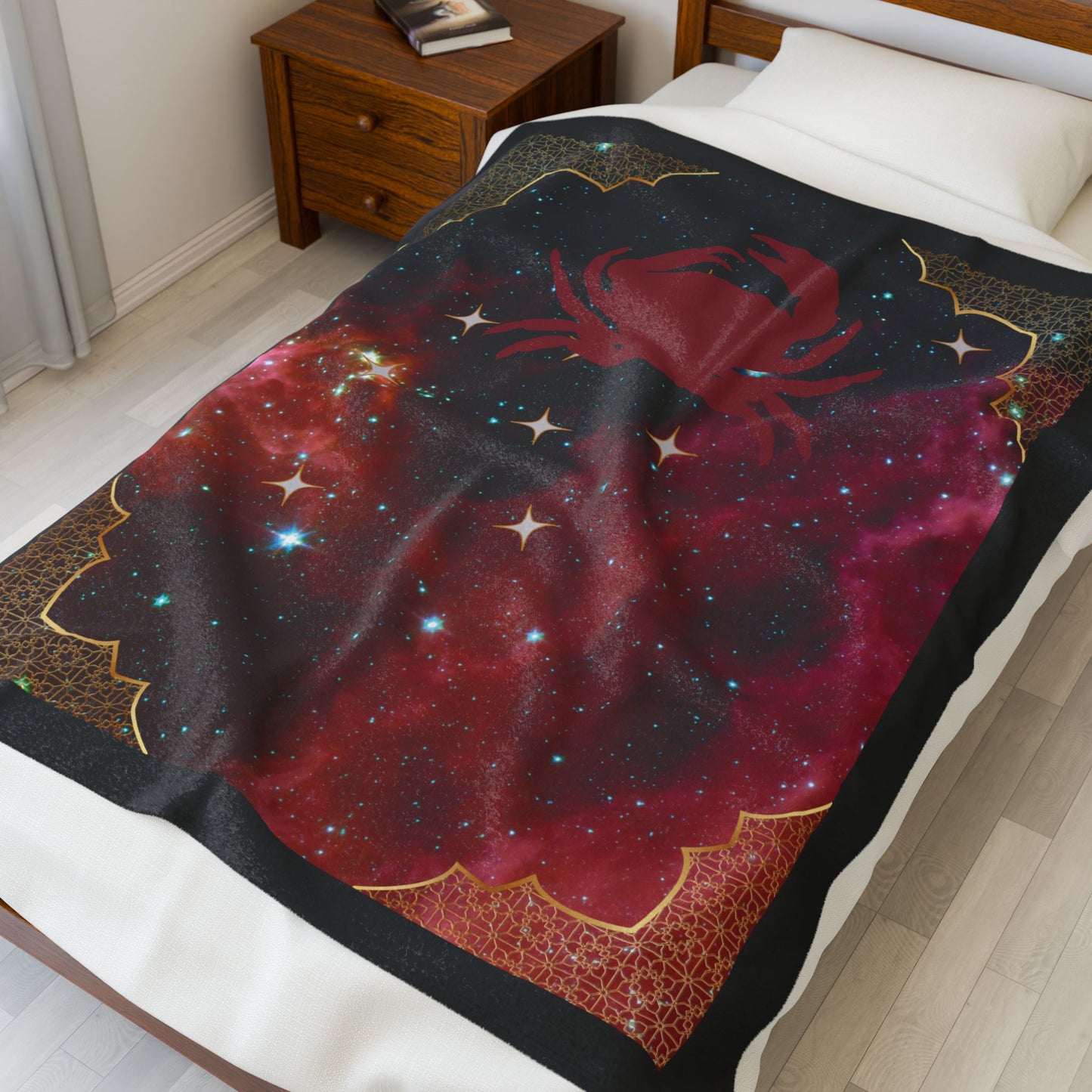 Experience Cosmic Comfort with Bottega KCarroll Collection's Plush Velveteen Zodiac Blankets and Throws Cancer Sign Jun 21- Jul 22