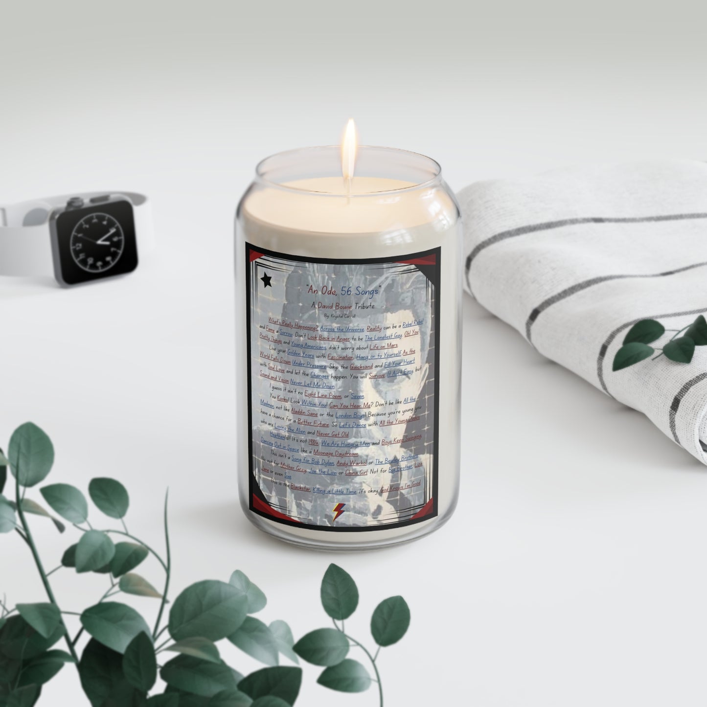 David Bowie Tribute Scented Candle An Ode, 56 Songs 13oz Artistic Fan Candle with Painting and Poem, Great for gifting