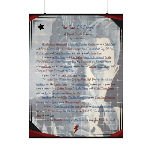 David Bowie Tribute Matte Vertical Poster "An Ode, 56 Songs" Print Art, Rock N Roll Tribute Art for all Bowie Fans and Occasions