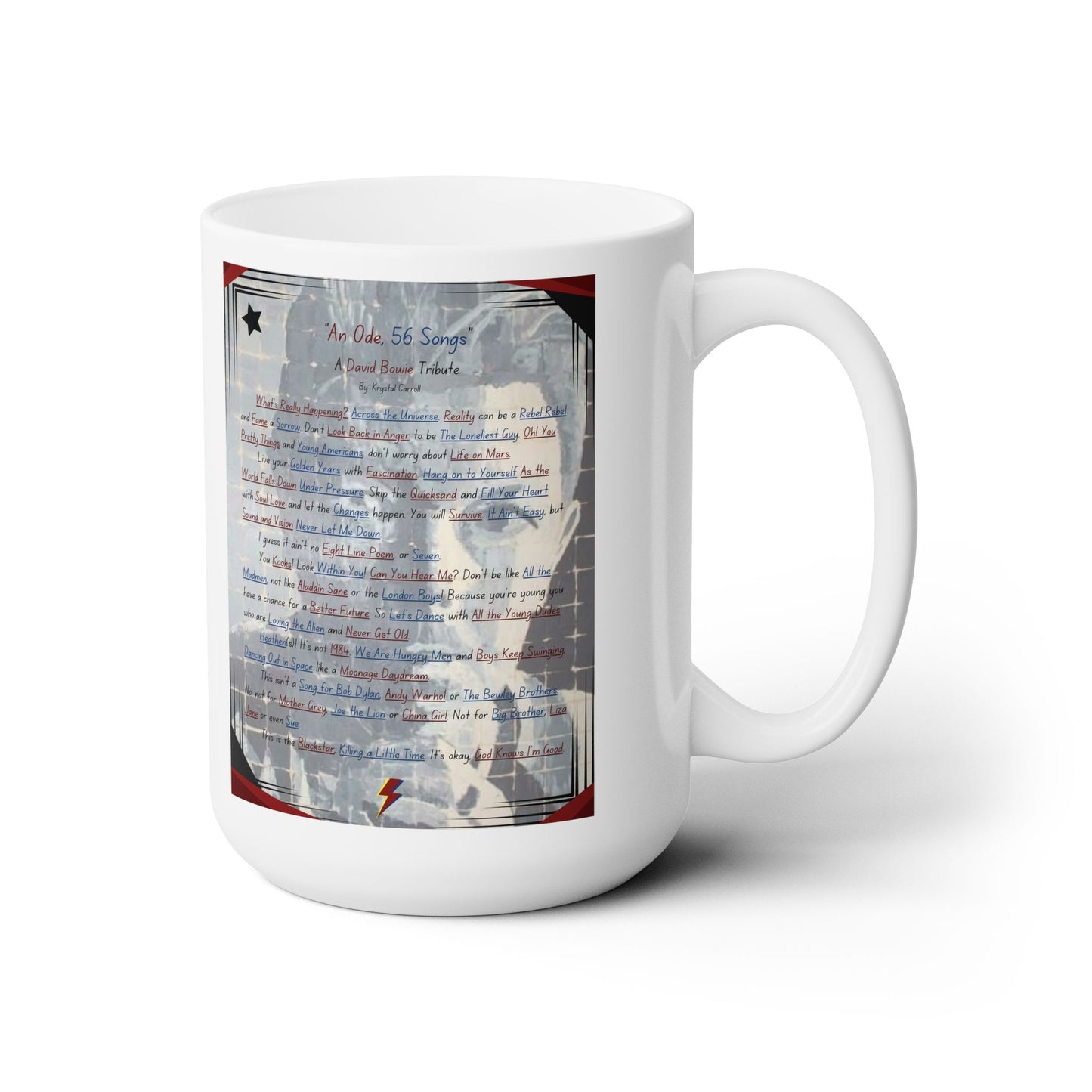 David Bowie Tribute "An Ode, 56 Songs" Ceramic Mug 15oz, Fan Art Print Art, Rock N Roll Art for your Coffee, Tea & Cocoa