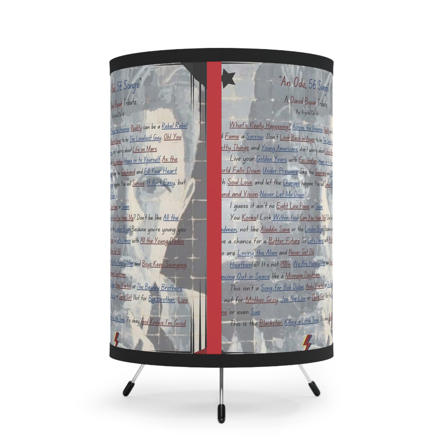 David Bowie Tribute Lamp 'An Ode, 56 Songs' Print Art, Tripod Lamp- Bowie Collection Lamps & Lighting- Unique David Bowie Gift