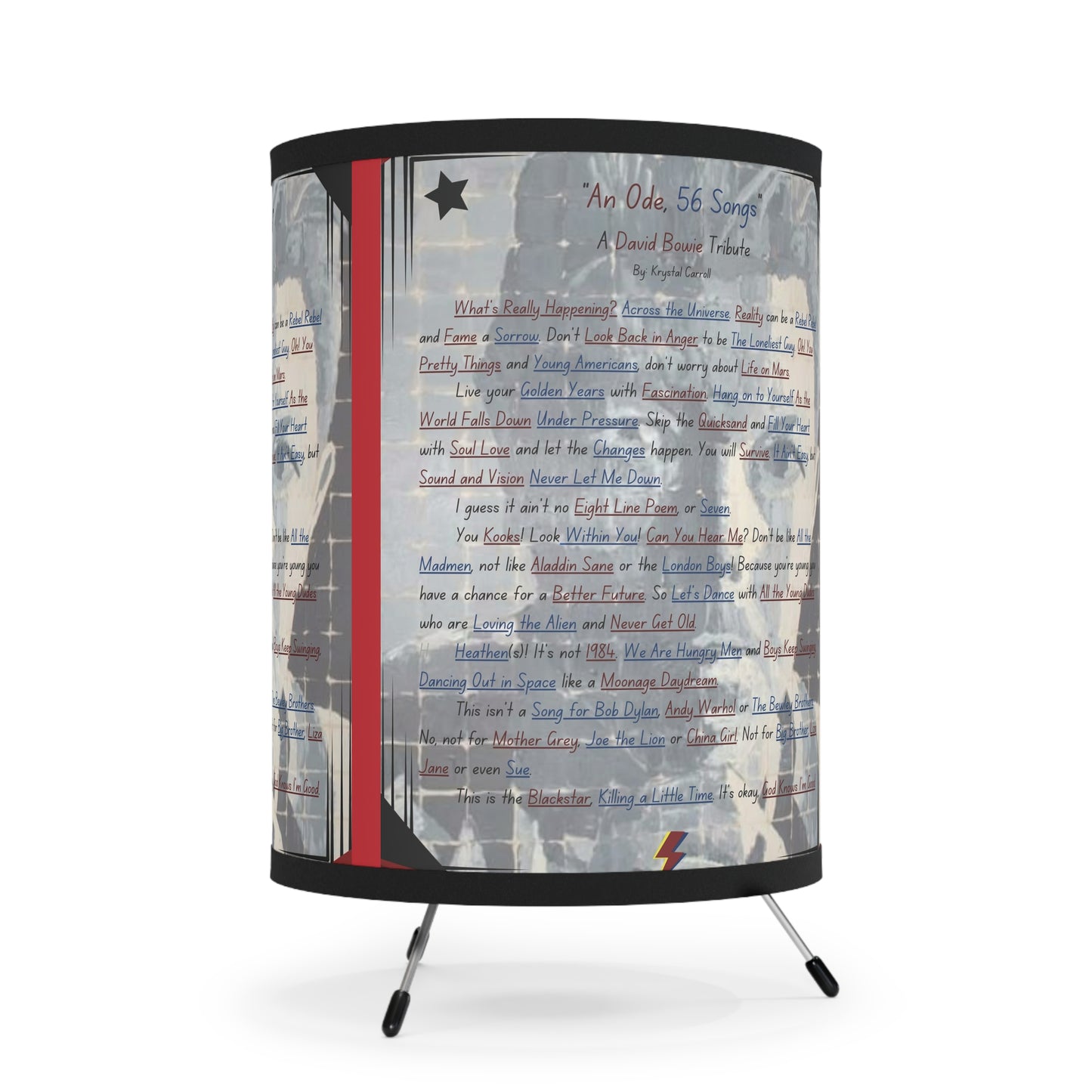 David Bowie Tribute Lamp 'An Ode, 56 Songs' Print Art, Tripod Lamp- Bowie Collection Lamps & Lighting- Unique David Bowie Gift