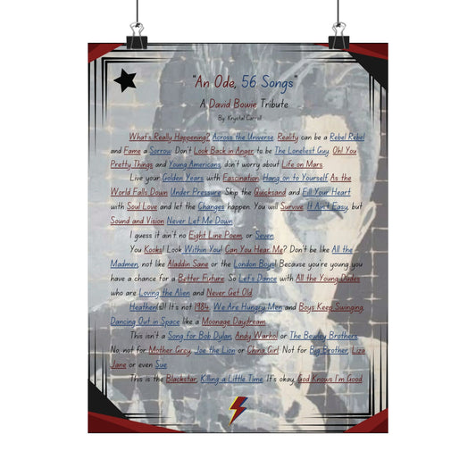 David Bowie Tribute Matte Vertical Poster "An Ode, 56 Songs" Print Art, Rock N Roll Tribute Art for all Bowie Fans and Occasions