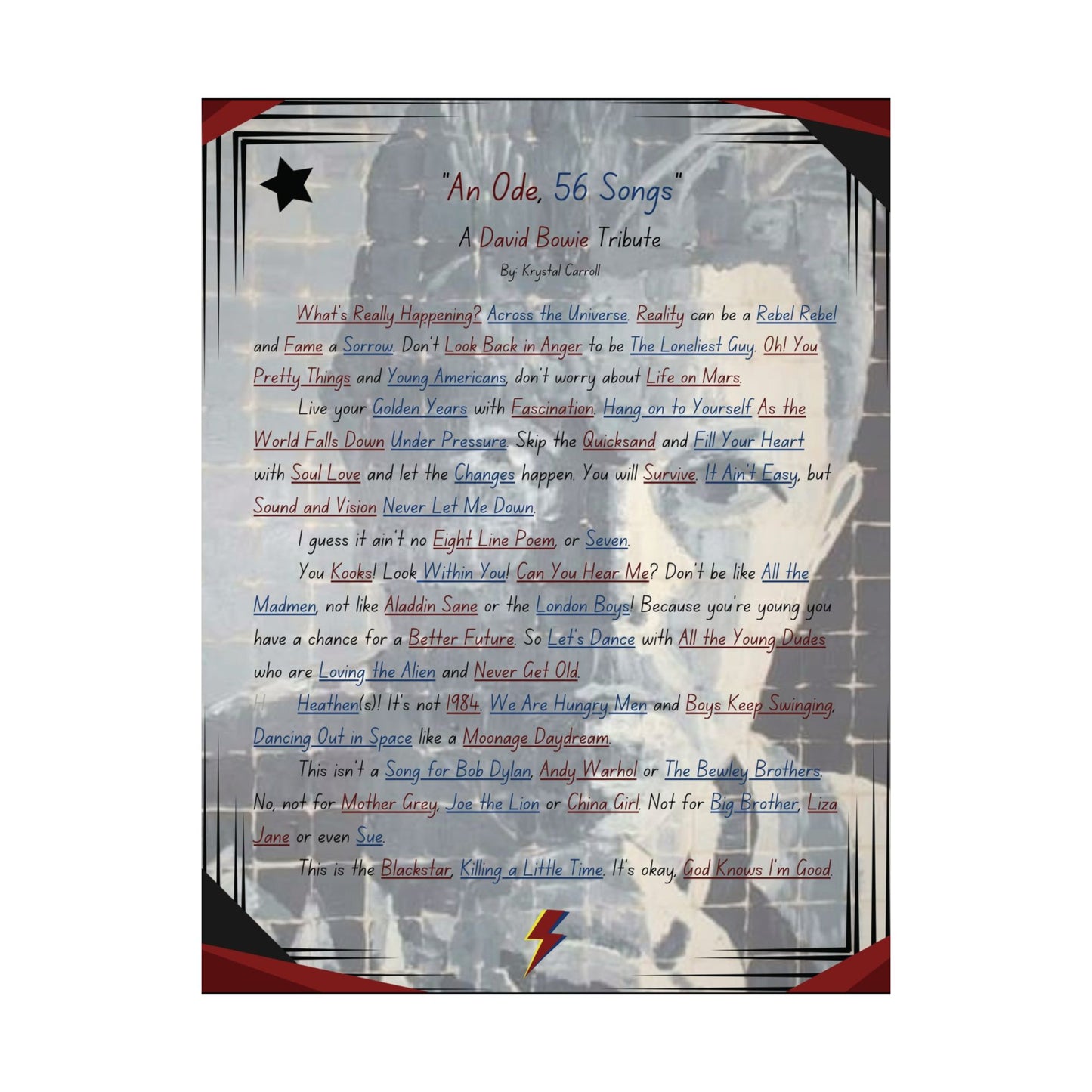 David Bowie Tribute Matte Vertical Poster "An Ode, 56 Songs" Print Art, Rock N Roll Tribute Art for all Bowie Fans and Occasions