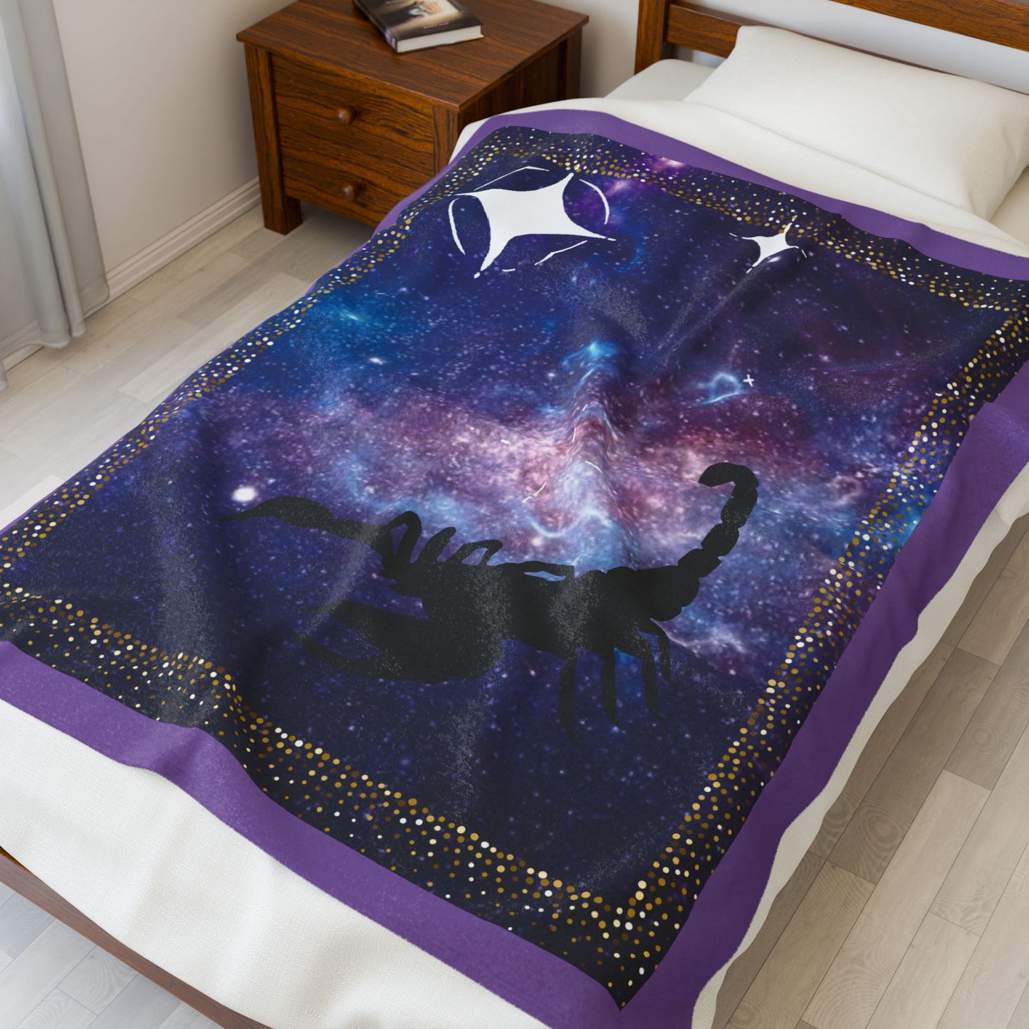 Experience Cosmic Comfort with Bottega KCarroll Collection's Plush Velveteen Zodiac Blankets and Throws Scorpio Sign Oct 23- Nov 21