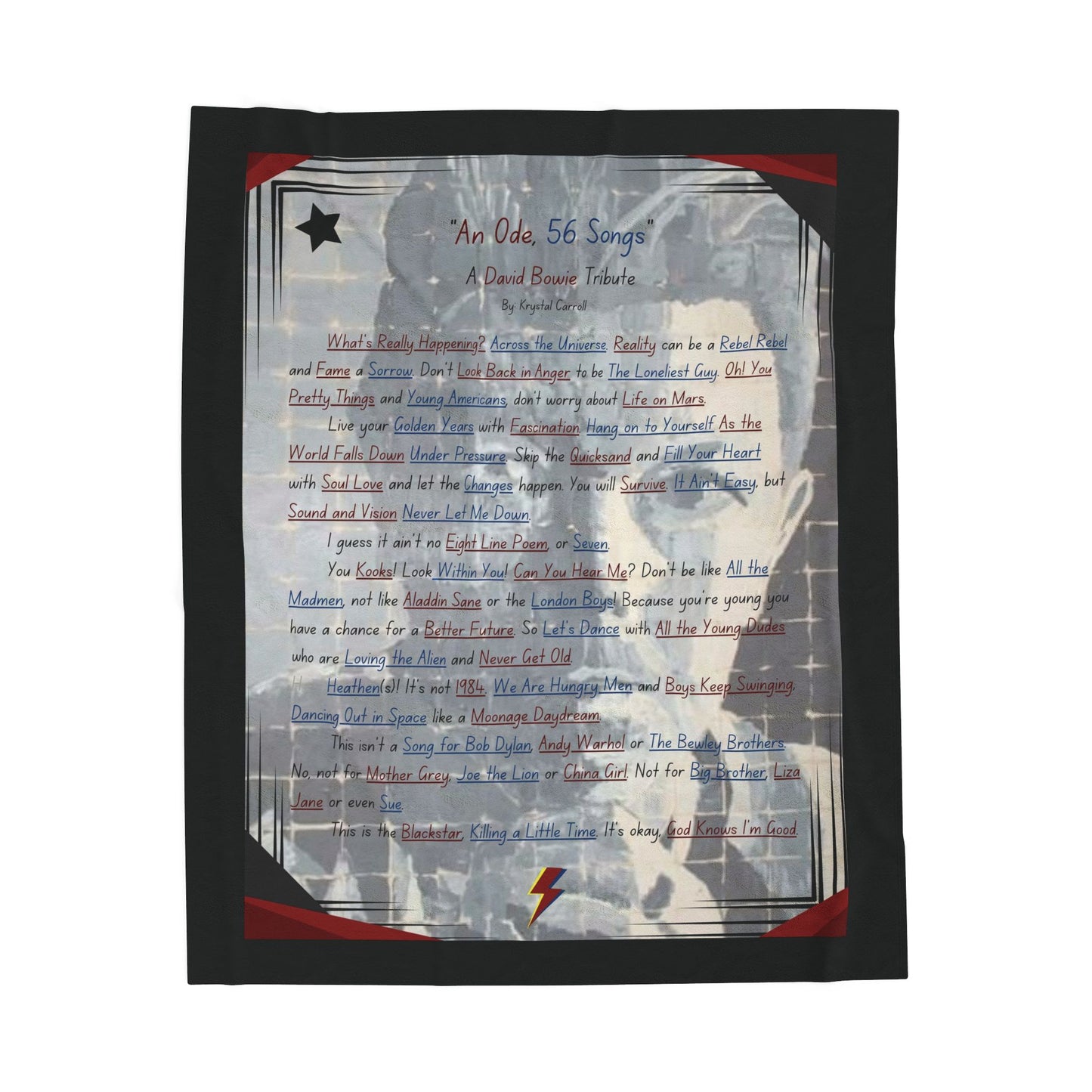 David Bowie Tribute Velveteen Plush Blanket "An Ode, 56 Songs" Art Print Featuring Blackstar and Ziggy Stardust Album songs David Bowie Fans