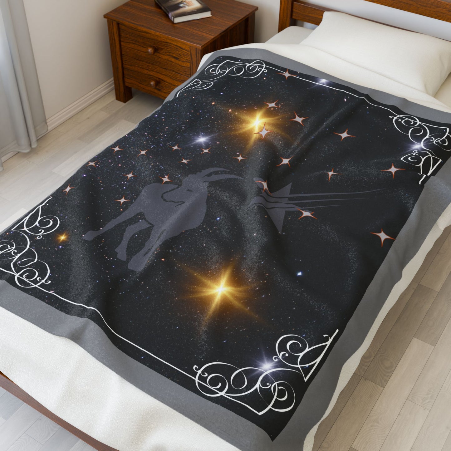 Experience Cosmic Comfort with Bottega KCarroll Collection's Plush Velveteen Zodiac Blankets and Throws Capricorn Sign Dec 22- Jan 19
