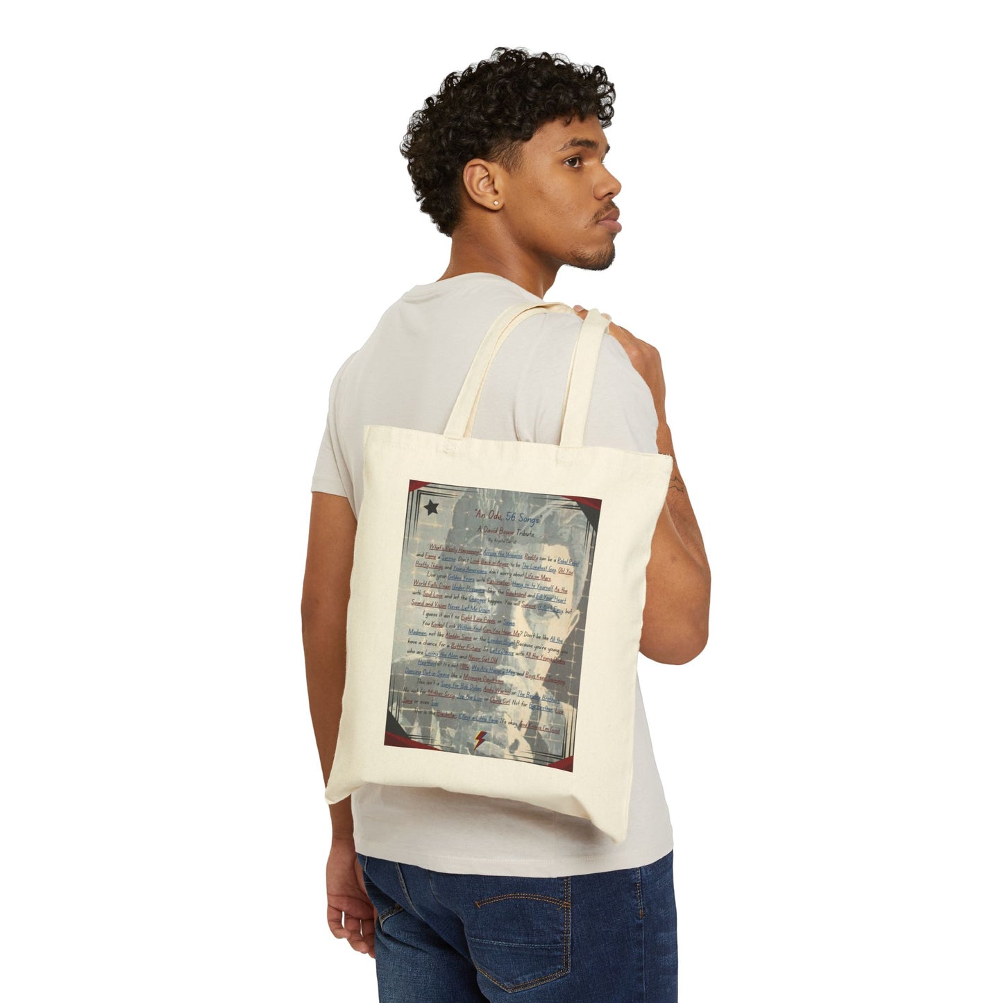 David Bowie Tribute 100% Cotton Canvas Tote Bag, Unique Bowie Fan Print Art Tote Purse Carry Bag, Birthday Holiday Seasonal Bowie Fan Gifts