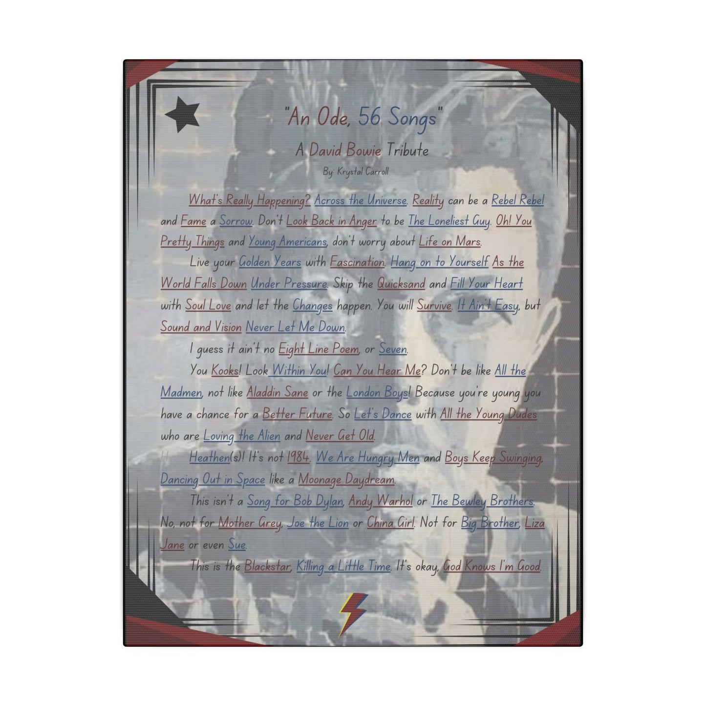 David Bowie Canvas Print, Music Art Wall Decor, David Bowie Tribute 'An Ode 56 Songs' Fan Art, Matte Stretched Canvas Painting Print