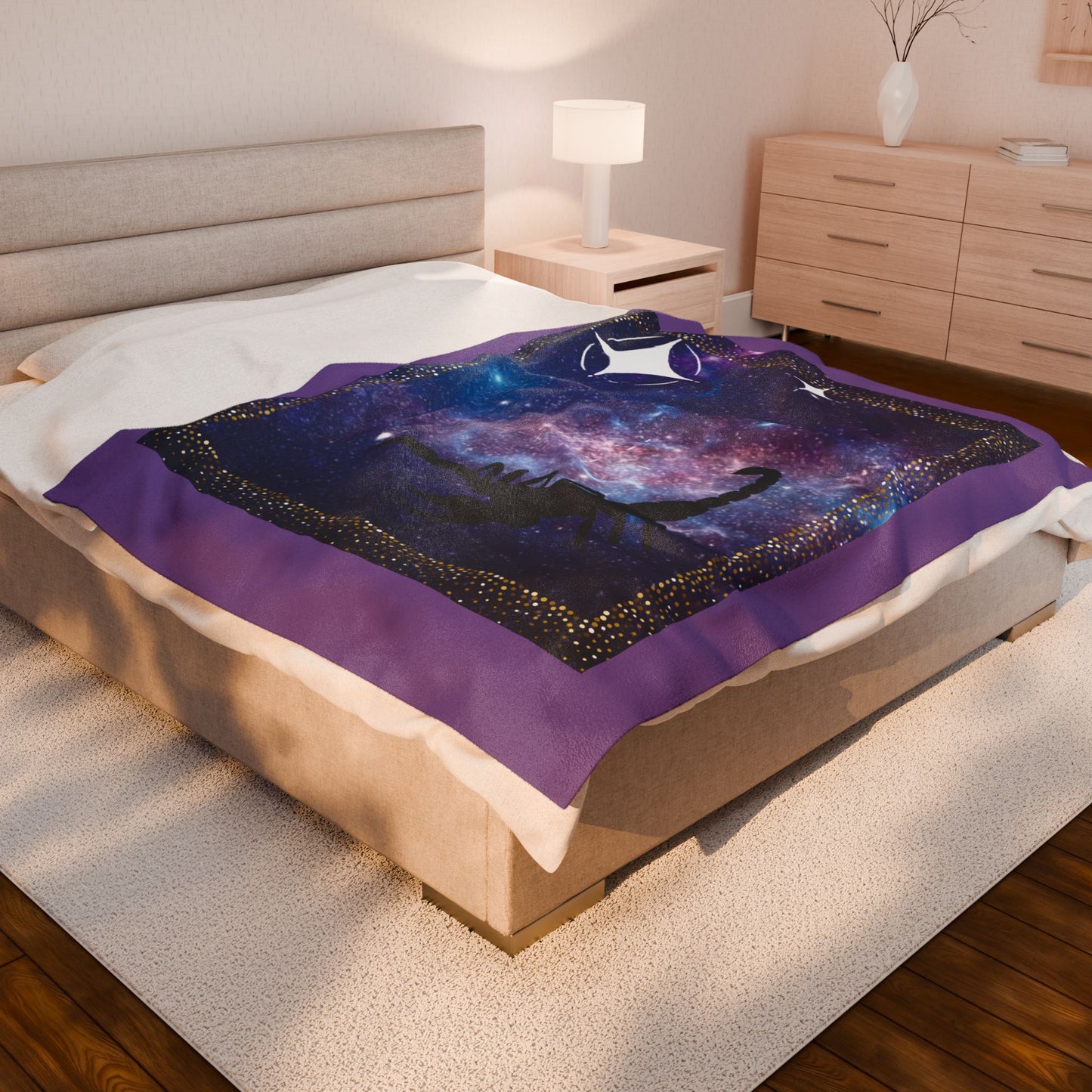 Experience Cosmic Comfort with Bottega KCarroll Collection's Plush Velveteen Zodiac Blankets and Throws Scorpio Sign Oct 23- Nov 21