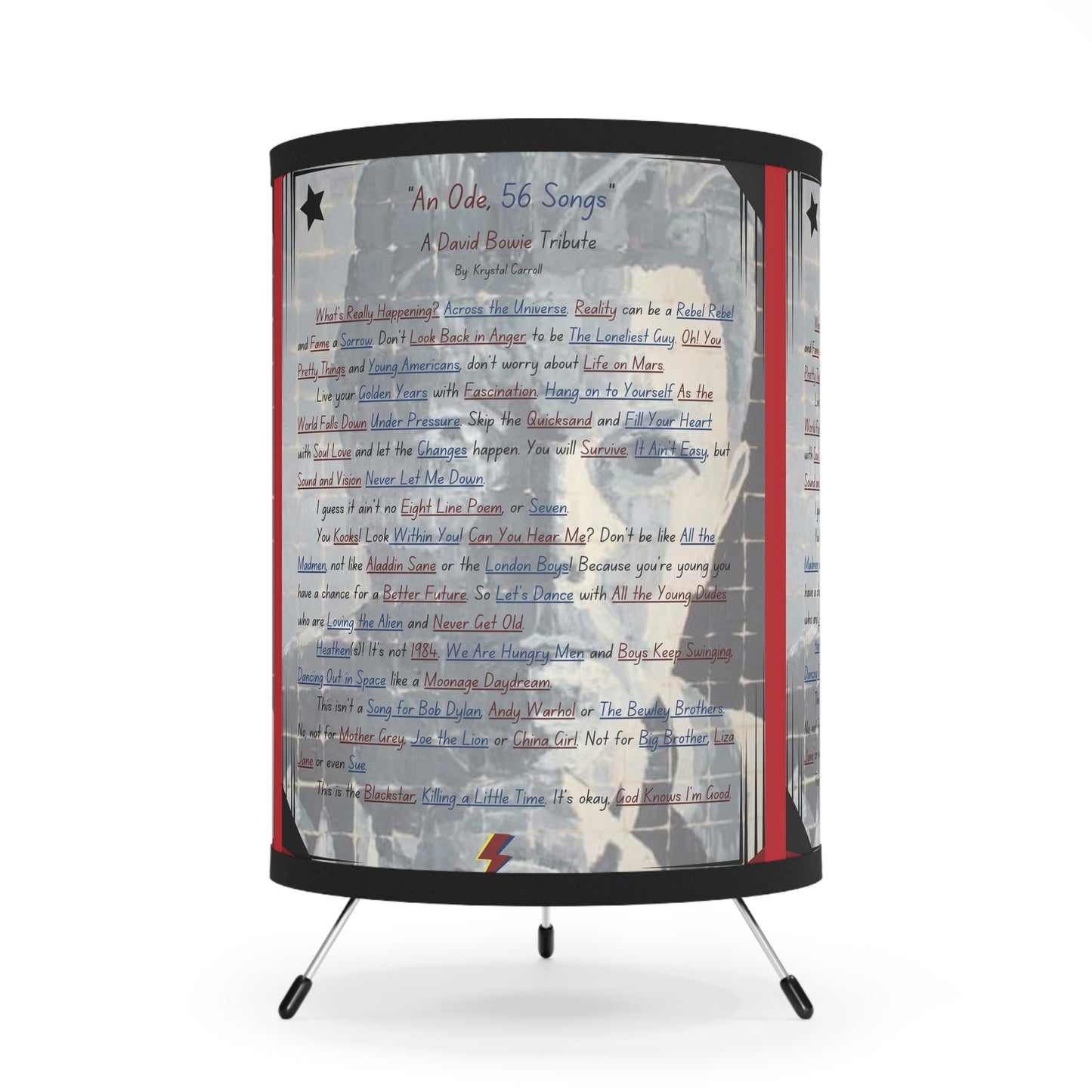 David Bowie Tribute Lamp 'An Ode, 56 Songs' Print Art, Tripod Lamp- Bowie Collection Lamps & Lighting- Unique David Bowie Gift