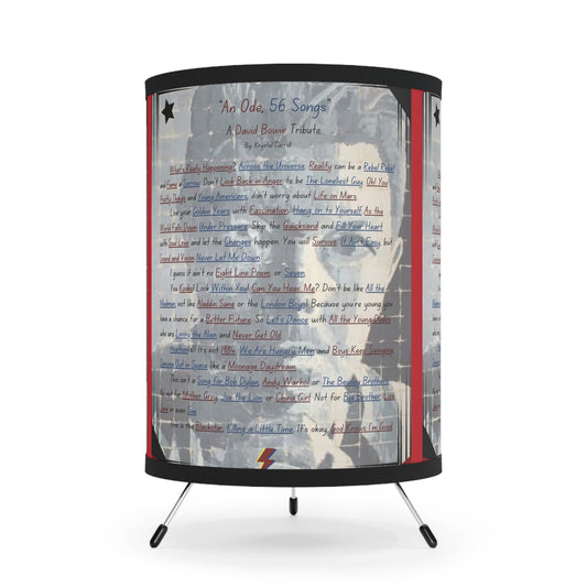 David Bowie Tribute Lamp 'An Ode, 56 Songs' Print Art, Tripod Lamp- Bowie Collection Lamps & Lighting- Unique David Bowie Gift