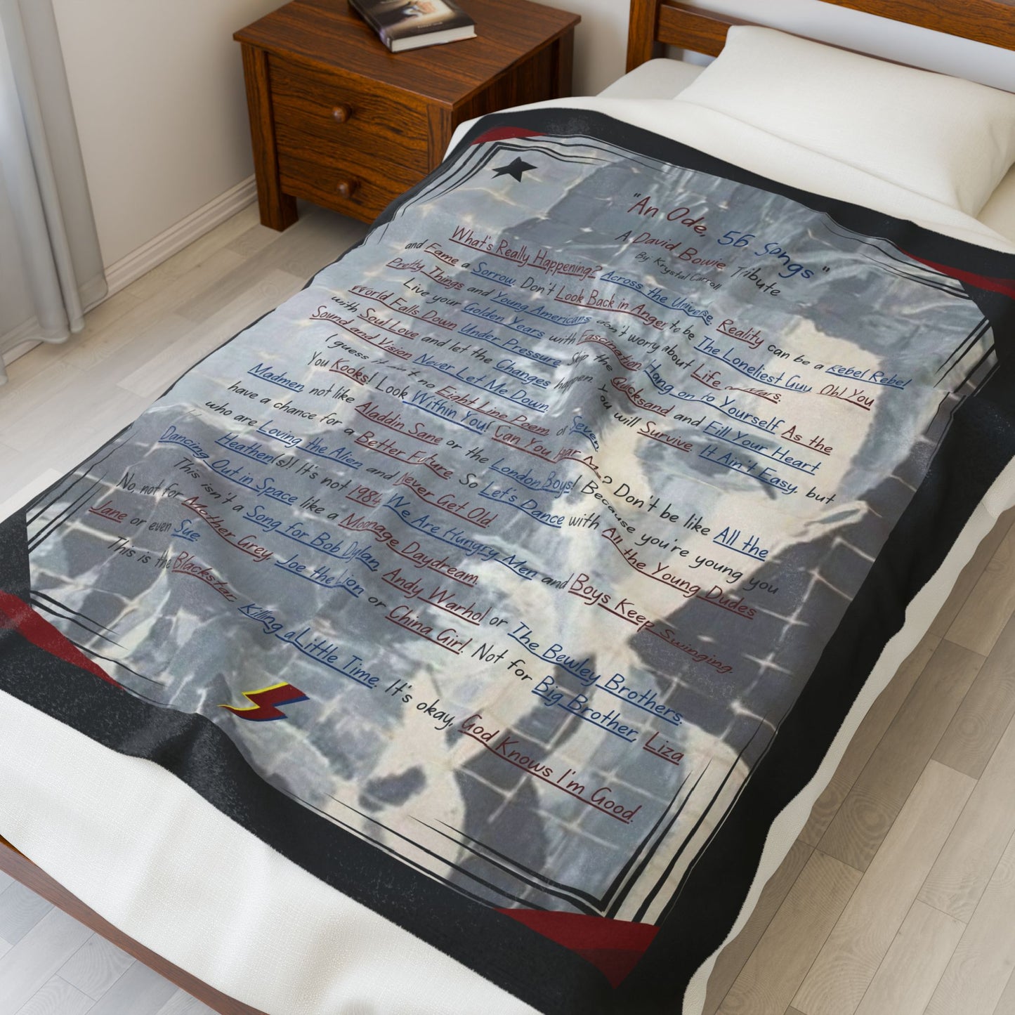 David Bowie Tribute Velveteen Plush Blanket "An Ode, 56 Songs" Art Print Featuring Blackstar and Ziggy Stardust Album songs David Bowie Fans