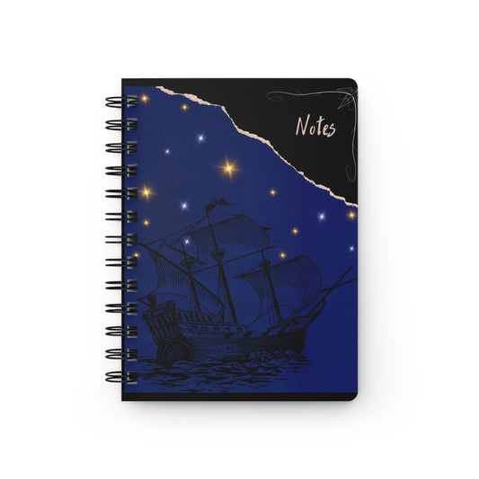 Spiral Bound Journal Nautical Night Stars Notebook, Black and Blue Ocean Ship Journal, Artistic Diary Paper