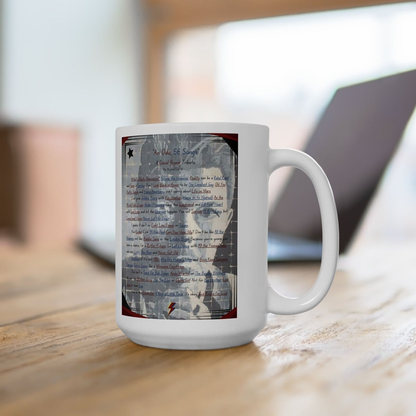 David Bowie Tribute "An Ode, 56 Songs" Ceramic Mug 15oz, Fan Art Print Art, Rock N Roll Art for your Coffee, Tea & Cocoa