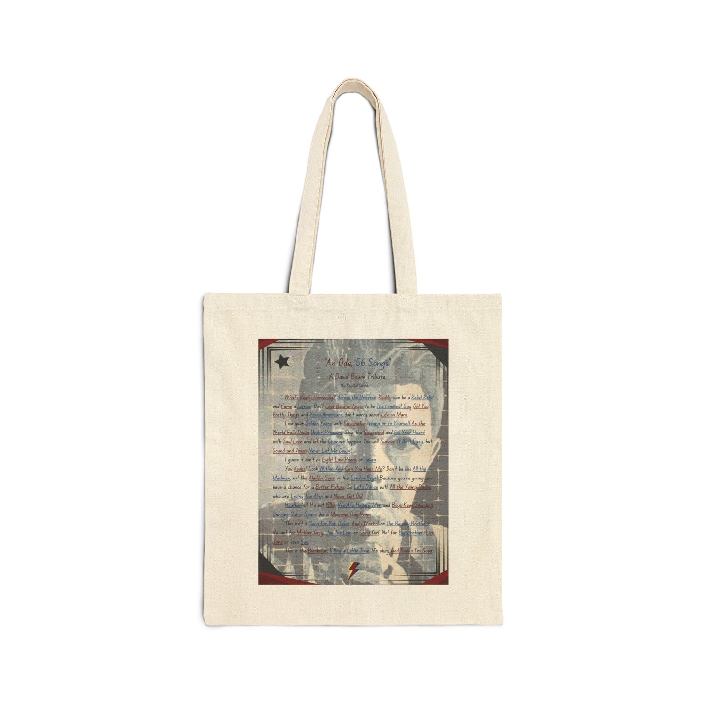 David Bowie Tribute 100% Cotton Canvas Tote Bag, Unique Bowie Fan Print Art Tote Purse Carry Bag, Birthday Holiday Seasonal Bowie Fan Gifts