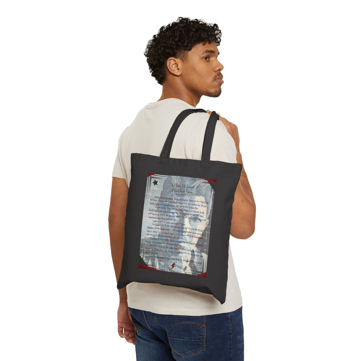 David Bowie Tribute 100% Cotton Canvas Tote Bag, Unique Bowie Fan Print Art Tote Purse Carry Bag, Birthday Holiday Seasonal Bowie Fan Gifts