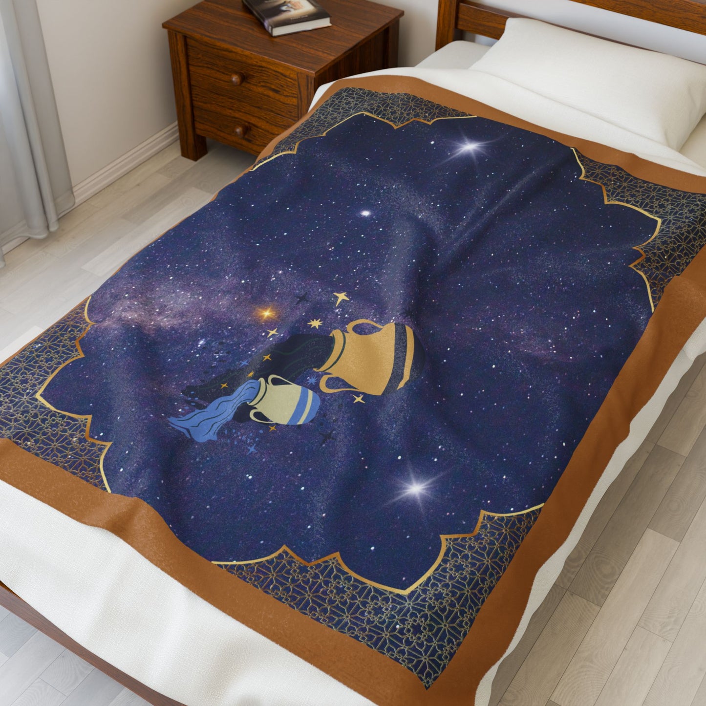 Experience Cosmic Comfort with Bottega KCarroll Collection's Plush Velveteen Zodiac Blankets and Throws Aquarius Sign Jan 20- Feb 18