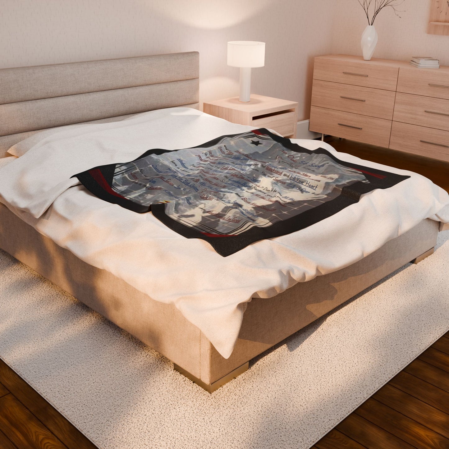David Bowie Tribute Velveteen Plush Blanket "An Ode, 56 Songs" Art Print Featuring Blackstar and Ziggy Stardust Album songs David Bowie Fans